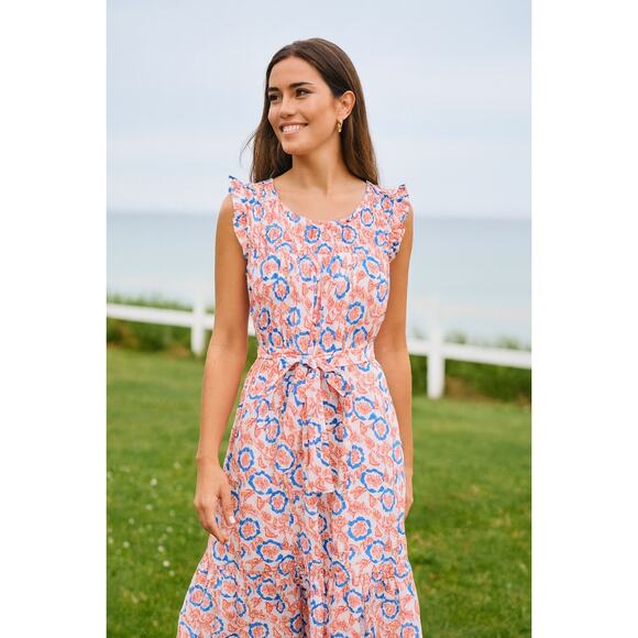 Vineyard Vines Frangipani Papaya Punch Floral Smocked Ruffle Midi Dress - Picture 1 of 11